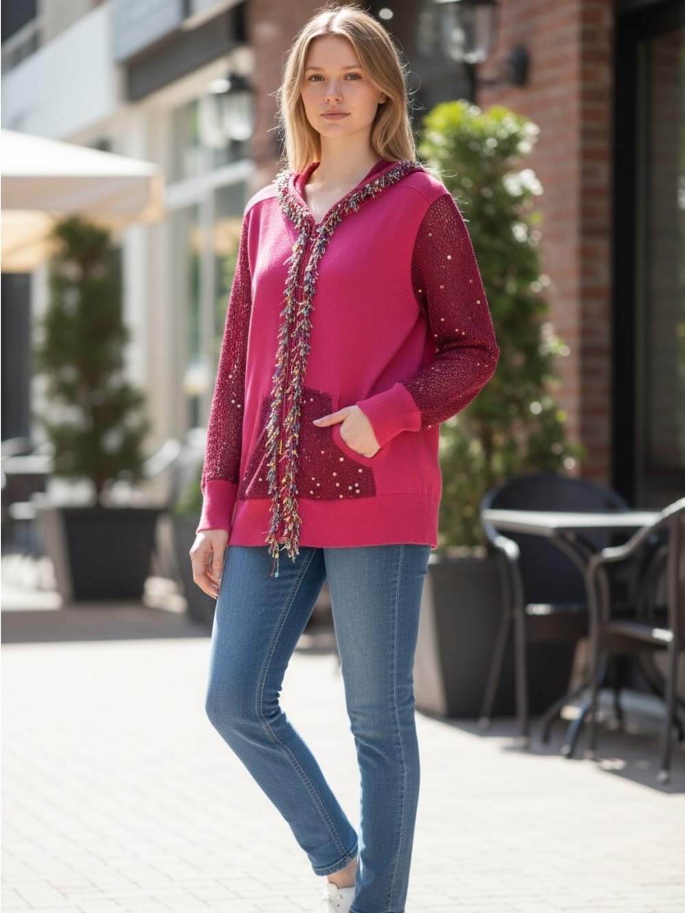 just be Size L Hot Pink Knit Zip Hoodie with Multicolor Fringe